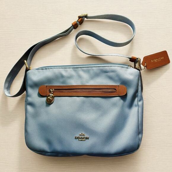 Coach Sawyer Blue Canvas Brown Leather Trim Gold Tone Metal Crossbody Bag F37239 - Picture 1 of 16